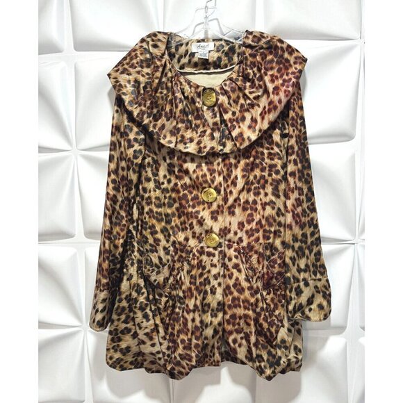 Anis A USA Sz S Brown Leopard Print Ruffle Collar Duster Swing Jacket Womens - Picture 2 of 6
